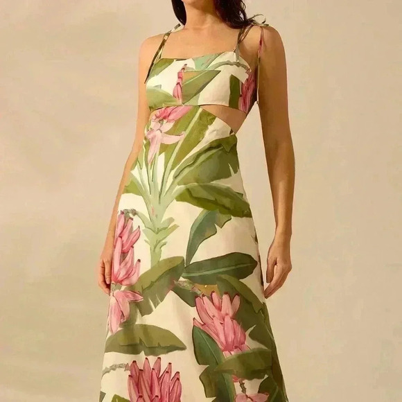 Multicolor Boho Women's Banana Tree Print Sleeveless Spaghetti Strap Dress - Picture 2 of 7